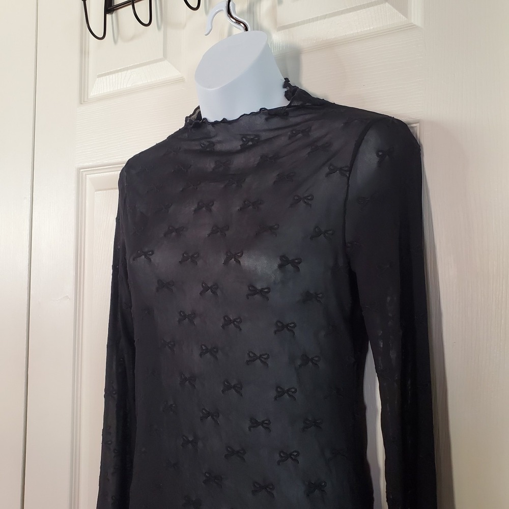 American Eagle Long Sleeves Mock-Neck Mesh Bow Blouse Sheer Goth Fairy Witchy M - Picture 2 of 10